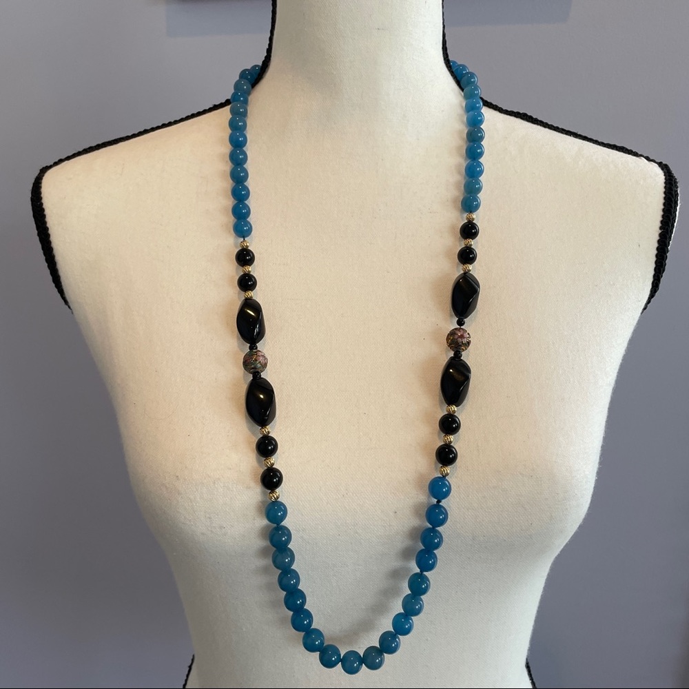 Blue and Black beaded necklace with cloisonné accent beads